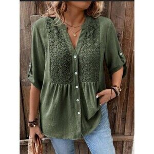 Shein Women's Curve V-Neck Contrast Lace Button Up Blouse Green Size 4XL